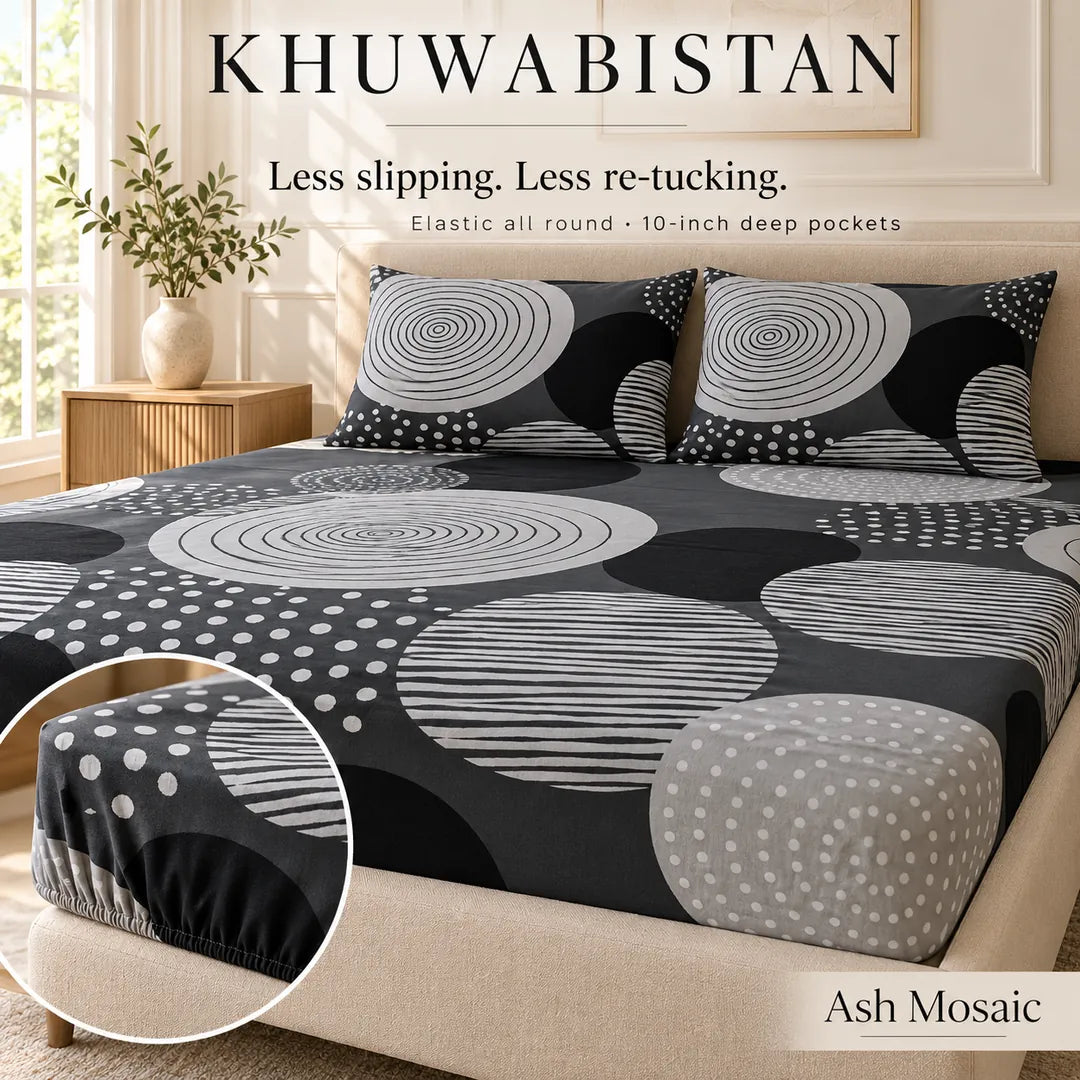 Ash Mosaic Fitted Bedsheet Set – King — fabric