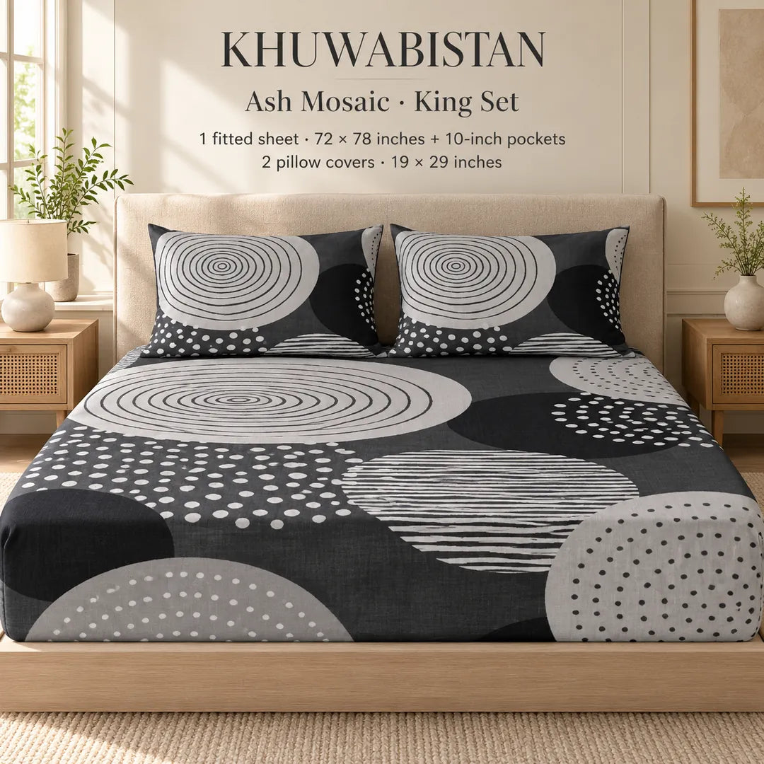 Ash Mosaic Fitted Bedsheet Set – King — king contents