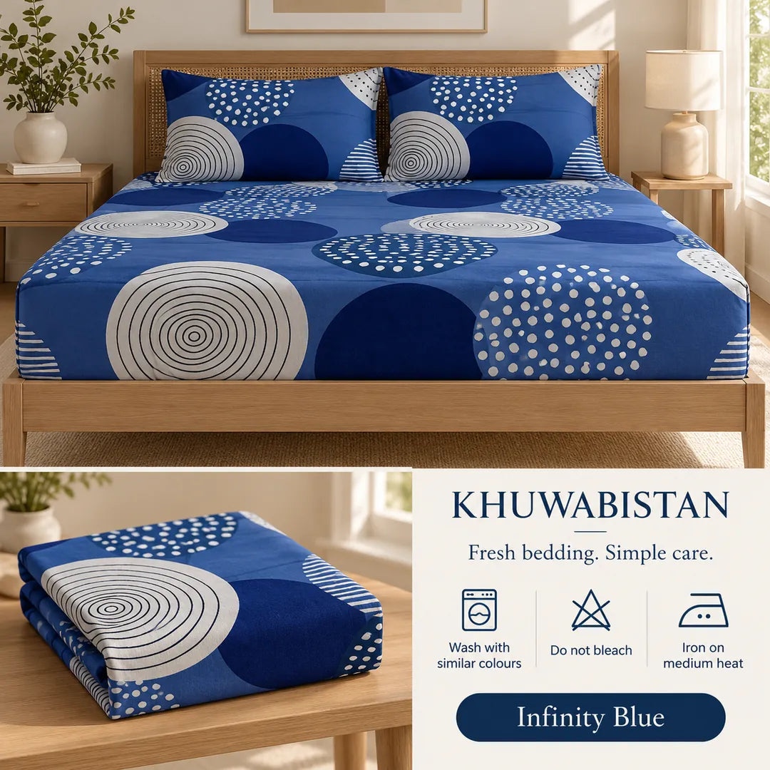 Infinity Blue Fitted Bedsheet Set – King — care