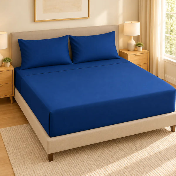 Royal Blue Luxury Plain Fitted Bedsheet Set – T-200