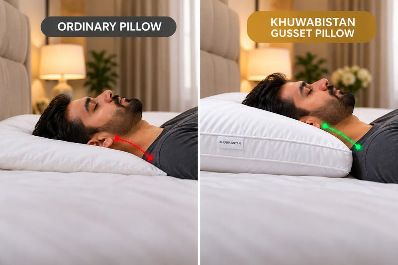 An ordinary pillow lets your head sink and your neck bend; the Khuwabistan gusset pillow keeps your head level and neck supported